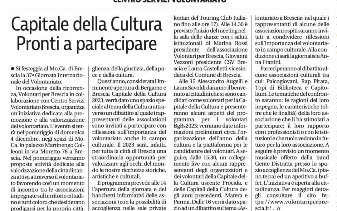 Articolo del 29/11/2022 – “Capitale della Cultura, Pronti a partecipare”